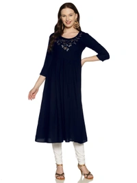 Rayon Neck Flower Design Rhinestone Work Blue Colour Umbrella Cut Kurti - Gulf Blue, XL