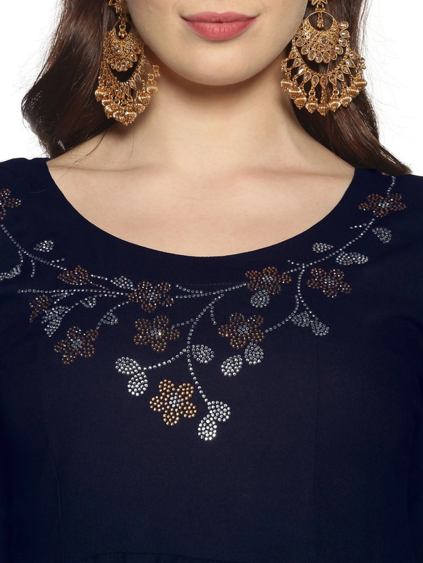 Rayon Neck Flower Design Rhinestone Work Blue Colour Umbrella Cut Kurti - Gulf Blue, XL