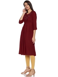 Rayon Neck Flower Design Rhinestone Work Meroon Colour Umbrella Cut Kurti - Maroon, XXL