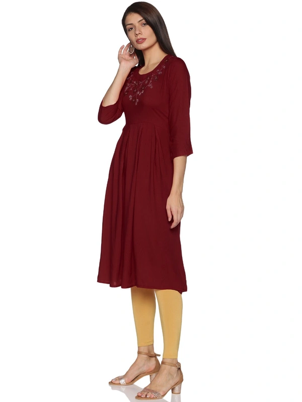 Rayon Neck Flower Design Rhinestone Work Meroon Colour Umbrella Cut Kurti - Maroon, XXL