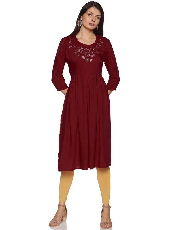 Rayon Neck Flower Design Rhinestone Work Meroon Colour Umbrella Cut Kurti - Maroon, XXL