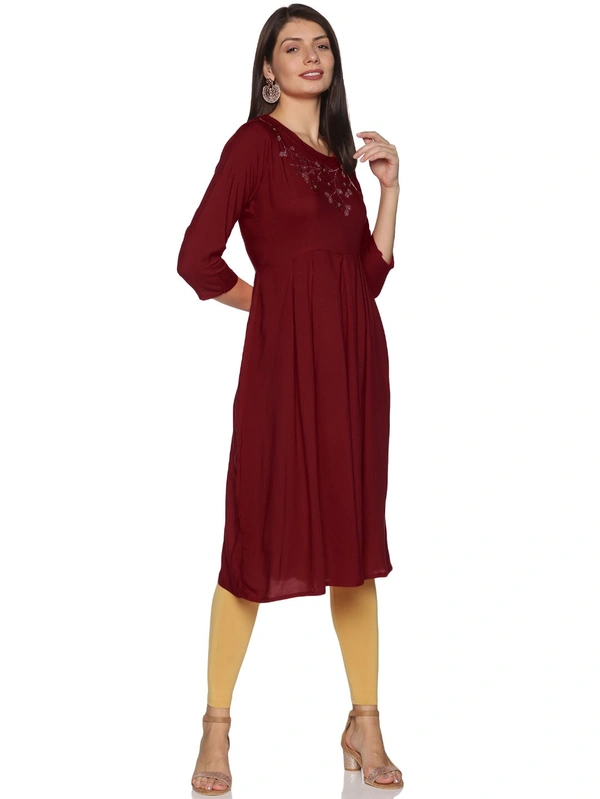 Rayon Neck Flower Design Rhinestone Work Meroon Colour Umbrella Cut Kurti - Maroon, XXL