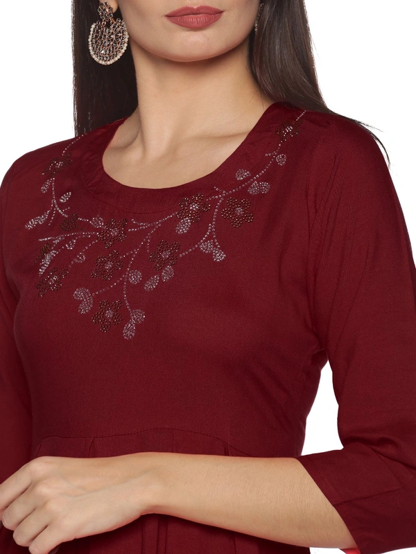 Rayon Neck Flower Design Rhinestone Work Meroon Colour Umbrella Cut Kurti - Maroon, XXL