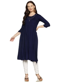 Rayon Neck Leafe Design Rhinestone Work Blue Colour Umbrella Cut Kurti - Gulf Blue, XXL