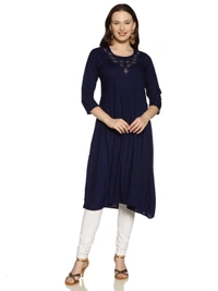 Rayon Neck Leafe Design Rhinestone Work Blue Colour Umbrella Cut Kurti - Gulf Blue, XXL