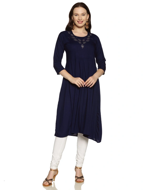 Rayon Neck Leafe Design Rhinestone Work Blue Colour Umbrella Cut Kurti - Gulf Blue, XXL