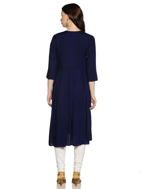 Rayon Neck Leafe Design Rhinestone Work Blue Colour Umbrella Cut Kurti - Gulf Blue, XXL