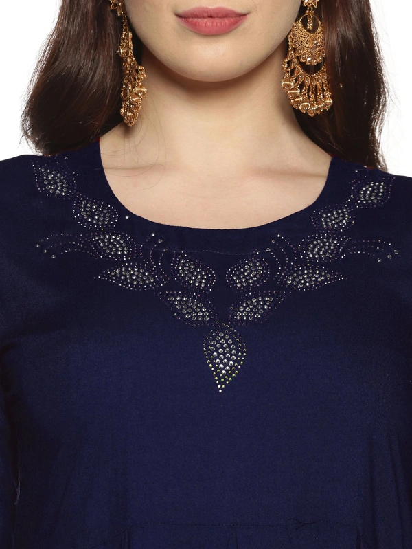 Rayon Neck Leafe Design Rhinestone Work Blue Colour Umbrella Cut Kurti - Gulf Blue, XXL