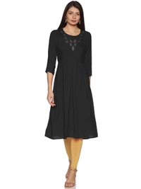 Rayon Neck Leafe Design Rhinestone Work Black Colour Umbrella Cut Kurti - Black, XXL