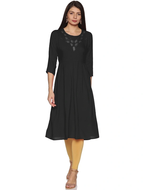 Rayon Neck Leafe Design Rhinestone Work Black Colour Umbrella Cut Kurti - Black, XXL