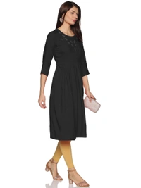 Rayon Neck Leafe Design Rhinestone Work Black Colour Umbrella Cut Kurti - Black, XXL