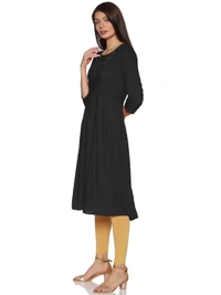 Rayon Neck Leafe Design Rhinestone Work Black Colour Umbrella Cut Kurti - Black, XXL