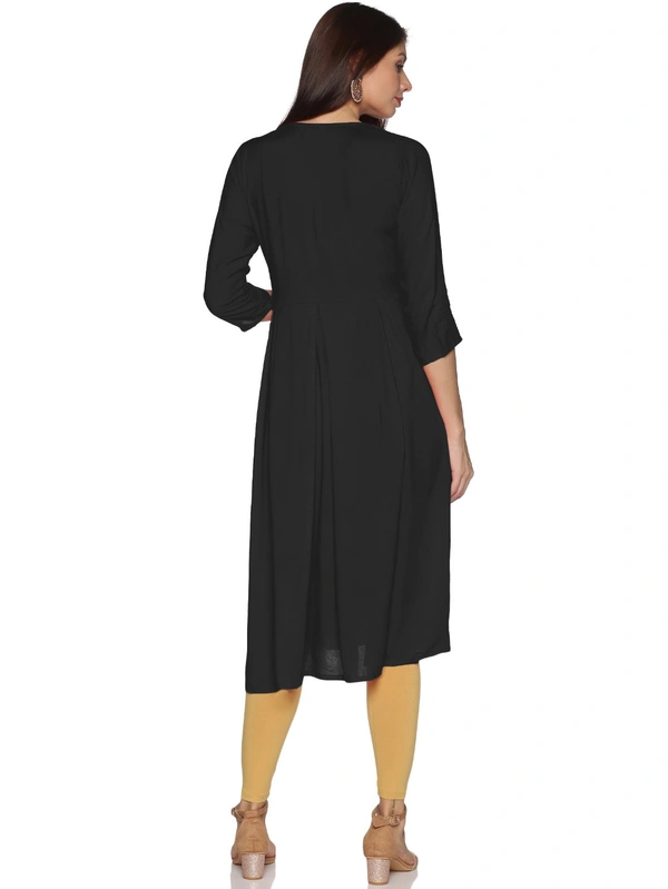 Rayon Neck Leafe Design Rhinestone Work Black Colour Umbrella Cut Kurti - Black, XXL