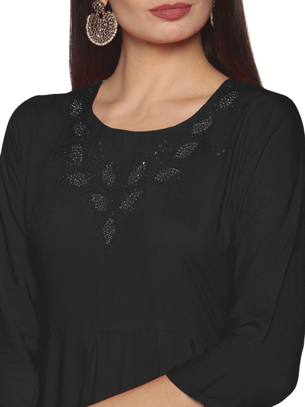 Rayon Neck Leafe Design Rhinestone Work Black Colour Umbrella Cut Kurti - Black, XXL