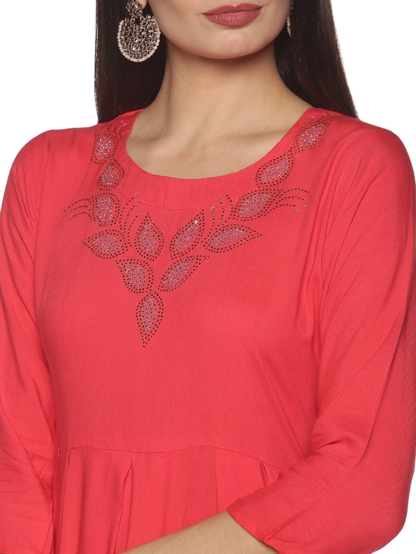 Rayon Neck Leafe Design Rhinestone Work Pink Colour Umbrella Cut Kurti - Wild Watermelon, XL