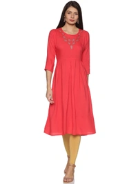 Rayon Neck Leafe Design Rhinestone Work Pink Colour Umbrella Cut Kurti - Wild Watermelon, XL