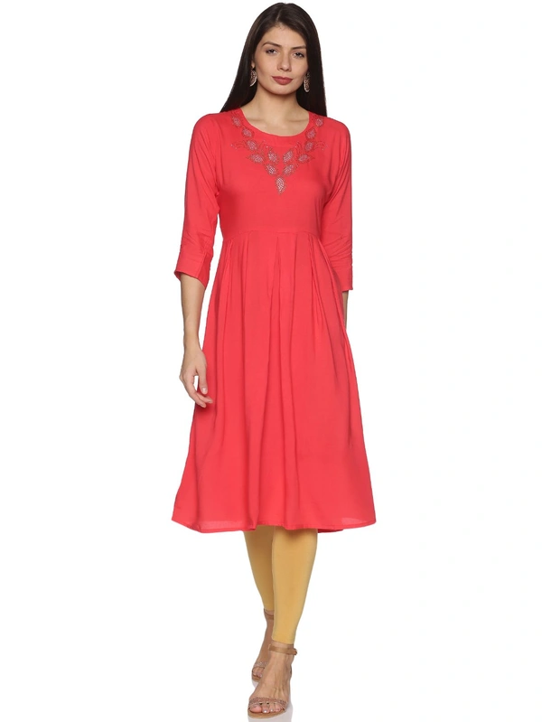 Rayon Neck Leafe Design Rhinestone Work Pink Colour Umbrella Cut Kurti - Wild Watermelon, XL