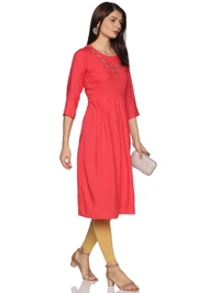 Rayon Neck Leafe Design Rhinestone Work Pink Colour Umbrella Cut Kurti - Wild Watermelon, XL