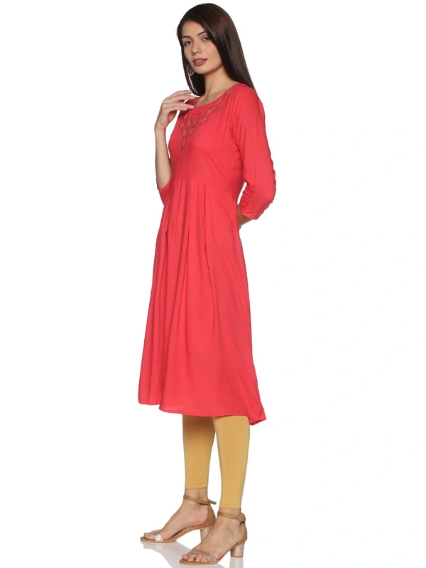 Rayon Neck Leafe Design Rhinestone Work Pink Colour Umbrella Cut Kurti - Wild Watermelon, XL