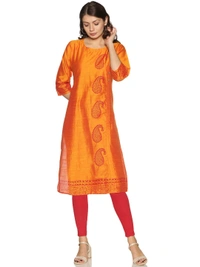 Silky Cotton Mango Printed Orange Colour Kurti - Yellow Orange, XL