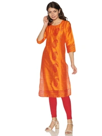 Silky Cotton Mango Printed Orange Colour Kurti - Yellow Orange, XL