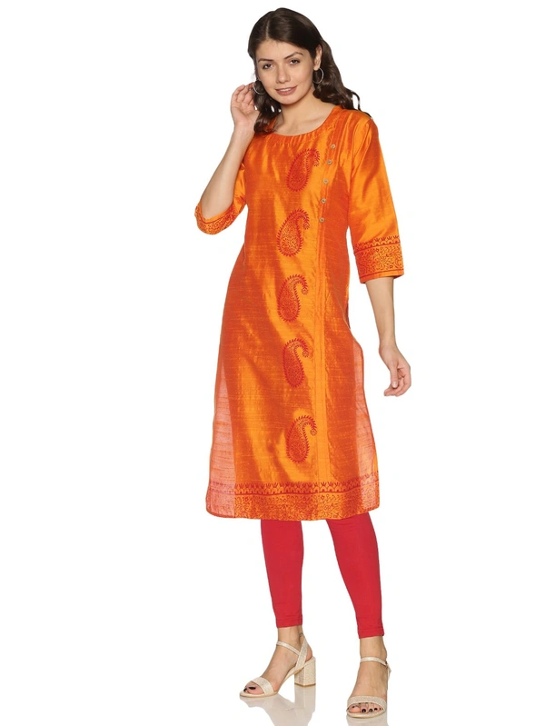 Silky Cotton Mango Printed Orange Colour Kurti - Yellow Orange, XL