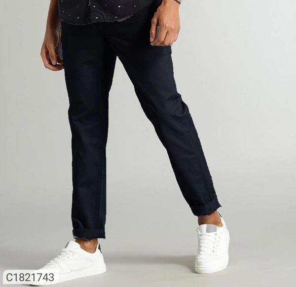 Catalog Name:* Cotton Solid Slimt Fit Casual Trouser - Navy blue, 28 30 32 34