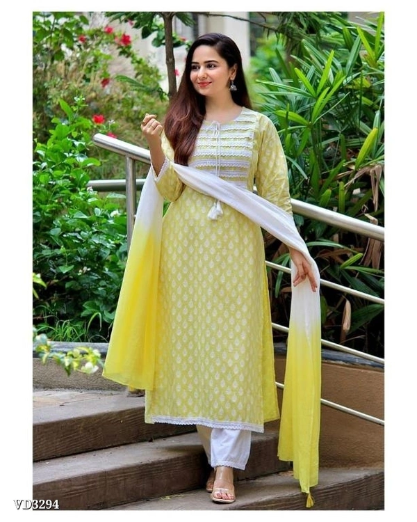 New Jaipuri Kurti With Pant Dupatta 3 Piece Full Set* - XL, Yellow π