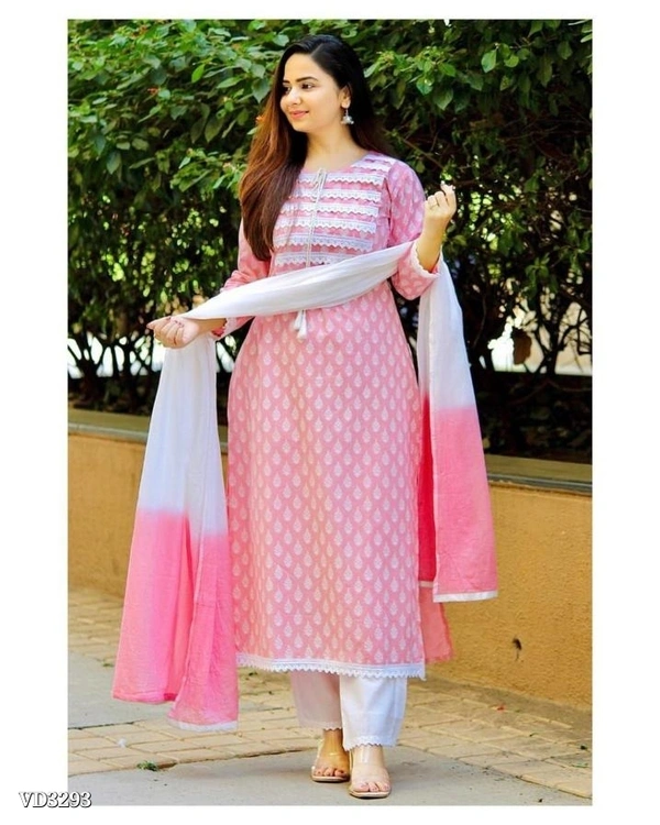New Jaipuri Kurti With Pant Dupatta 3 Piece Full Set* - XXL, Pink π