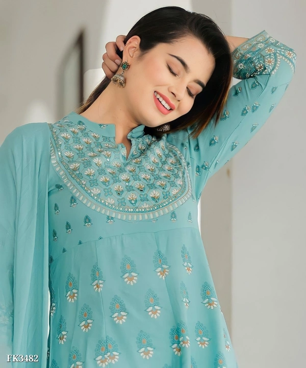 Premium Heavy Rayon Kurti Pant With Dupatta* - M, Blue💙