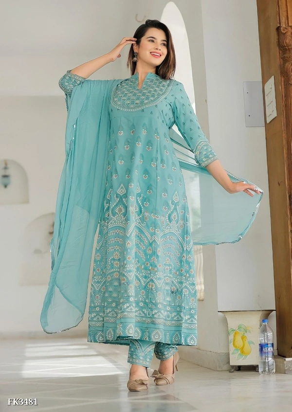 Premium Heavy Rayon Kurti Pant With Dupatta* - L, Blue💙