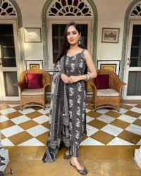 Strap Suits Set With Printed Dupatta and Pant Set* - M