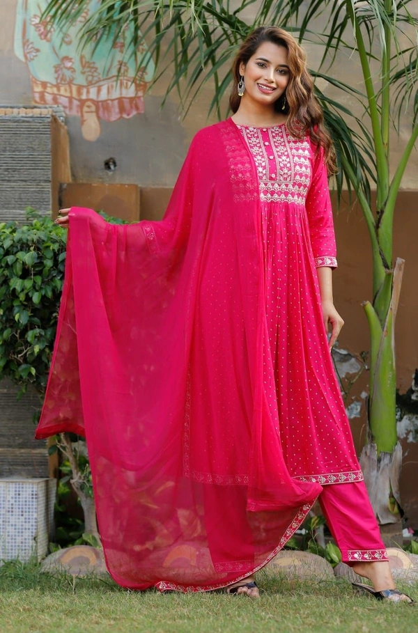 Beautiful Sequence Zari Computer Embroidered work With Kurti With Pant And Chifon Dupatta - Pink, M