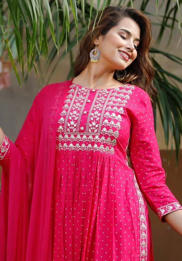 Beautiful Sequence Zari Computer Embroidered work With Kurti With Pant And Chifon Dupatta - Pink, M