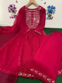 Beautiful Sequence Zari Computer Embroidered work With Kurti With Pant And Chifon Dupatta - Pink, M