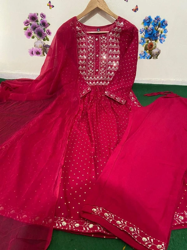 Beautiful Sequence Zari Computer Embroidered work With Kurti With Pant And Chifon Dupatta - Pink, M