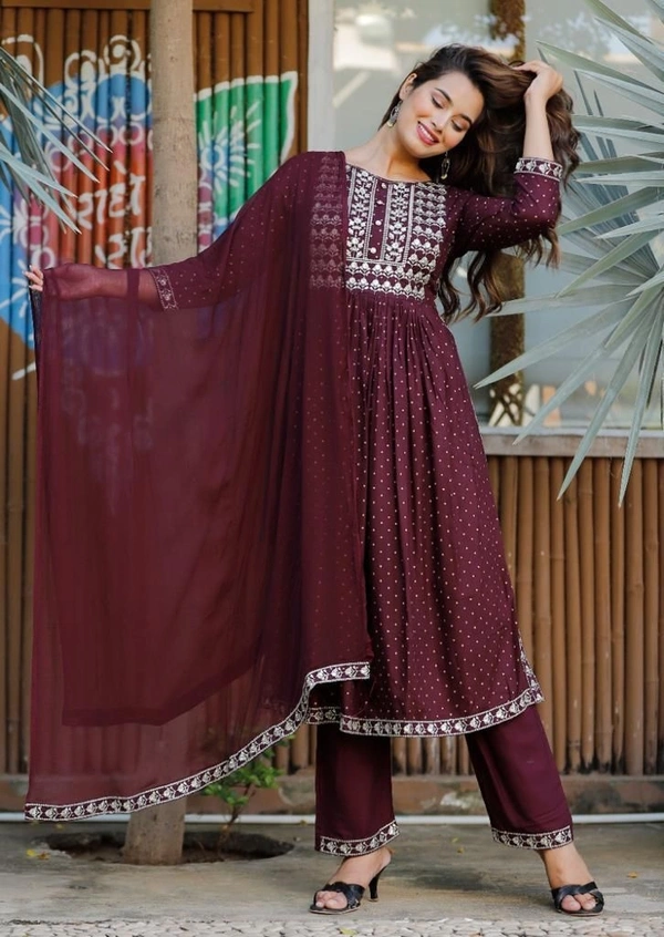 Beautiful Sequence Zari Computer Embroidered work With Kurti With Pant And Chifon Dupatta - Maroon, M