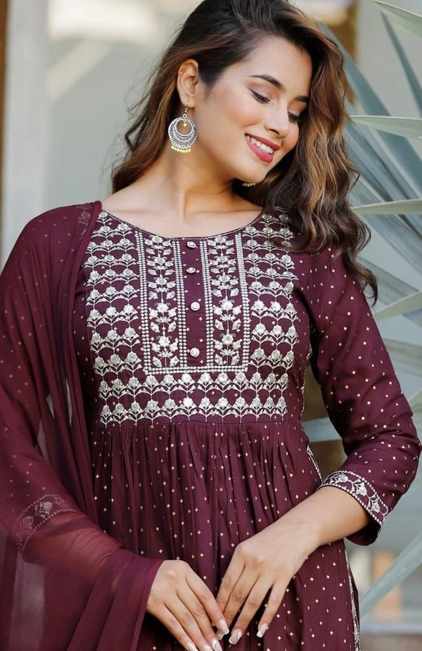 Beautiful Sequence Zari Computer Embroidered work With Kurti With Pant And Chifon Dupatta - Maroon, M