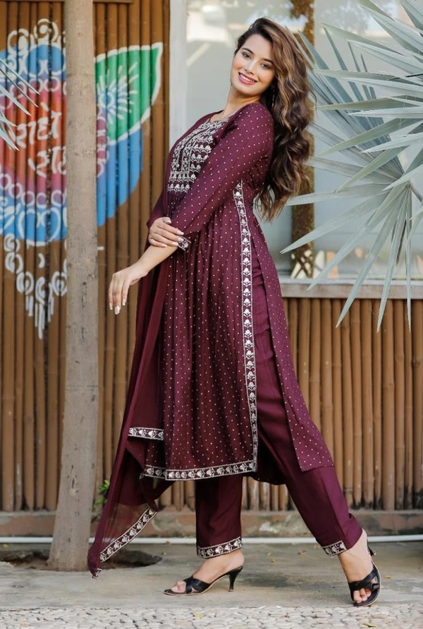 Beautiful Sequence Zari Computer Embroidered work With Kurti With Pant And Chifon Dupatta - Maroon, M