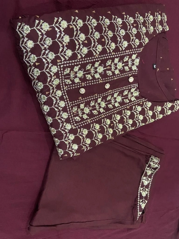 Beautiful Sequence Zari Computer Embroidered work With Kurti With Pant And Chifon Dupatta - Maroon, M