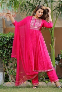 Beautiful Sequence Zari Computer Embroidered work With Kurti With Pant And Chifon Dupatta - Pink, L