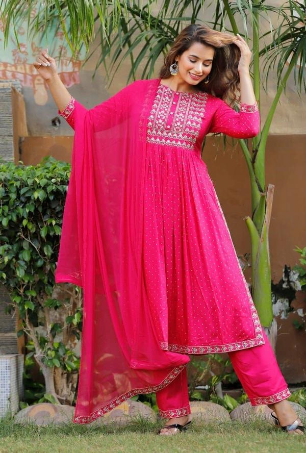 Beautiful Sequence Zari Computer Embroidered work With Kurti With Pant And Chifon Dupatta - Pink, L