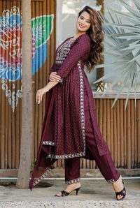 Beautiful Sequence Zari Computer Embroidered work With Kurti With Pant And Chifon Dupatta - Maroon, L