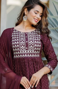 Beautiful Sequence Zari Computer Embroidered work With Kurti With Pant And Chifon Dupatta - Maroon, L