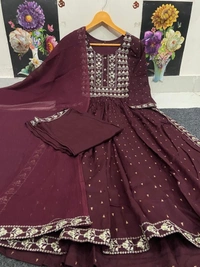 Beautiful Sequence Zari Computer Embroidered work With Kurti With Pant And Chifon Dupatta - Maroon, L