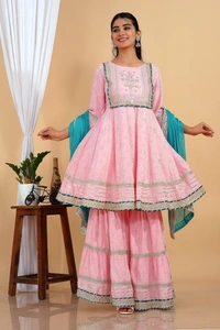 Premium heavy cotton lurex designer tire pattern gown with side slit detailed with heavy gota work all over. - Sky Dupatta And Work, M