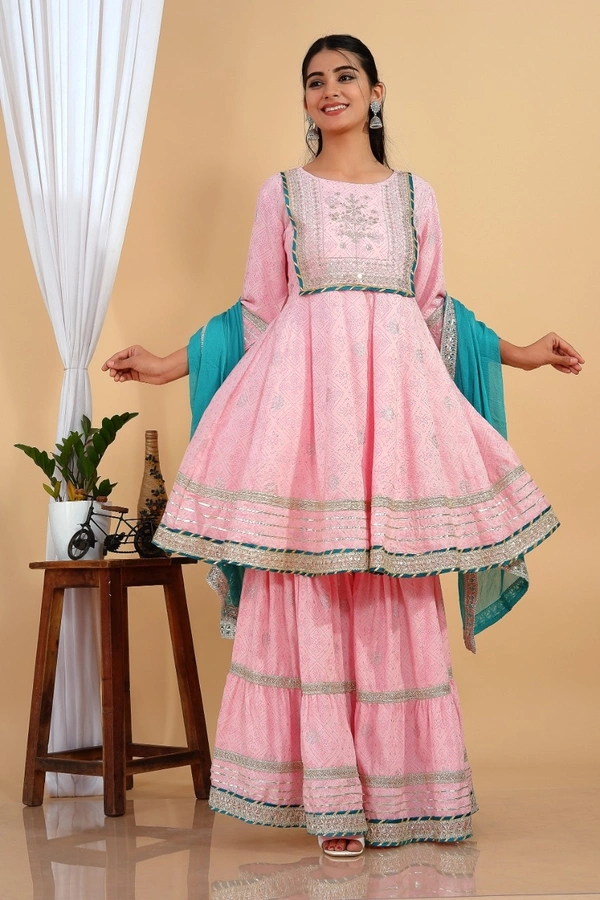 Premium heavy cotton lurex designer tire pattern gown with side slit detailed with heavy gota work all over. - Sky Dupatta And Work, L