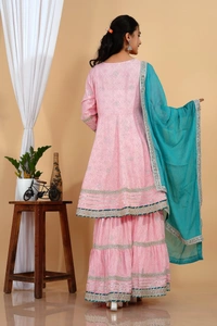 Premium heavy cotton lurex designer tire pattern gown with side slit detailed with heavy gota work all over. - Sky Dupatta And Work, L