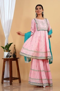 Premium heavy cotton lurex designer tire pattern gown with side slit detailed with heavy gota work all over. - Sky Dupatta And Work, L