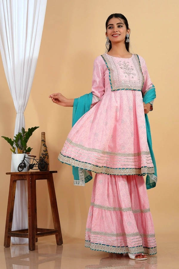 Premium heavy cotton lurex designer tire pattern gown with side slit detailed with heavy gota work all over. - Sky Dupatta And Work, L